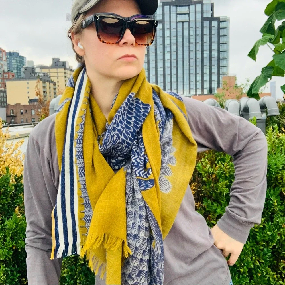 Inouïtoosh Wool Mustard Owl Cat Fringed Blanket Scarf